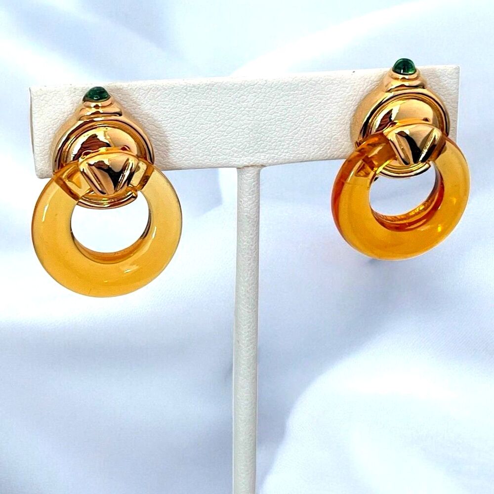 Vintage 1980s Glass Clip Earrings Knocker Amber Glass Gold Tone Signed PC - 4M